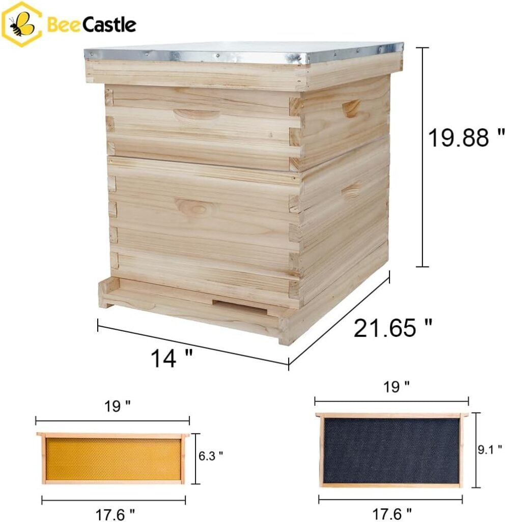 BeeCastle 8 Frame Langstroth Bee Hive, Beehive Starter Kit for Beginners with Beehive Frames and Waxed Foundation (1 Deep Box  1 Medium Box)